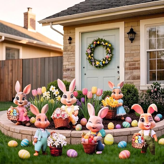 Outdoor Easter Decorations with 393.7 Inch LED Light for Home Bunny Porch, Plastic Easter Outdoor Bunny Yard Decorations, 6 Pcs, 13.78 x 9.45 In