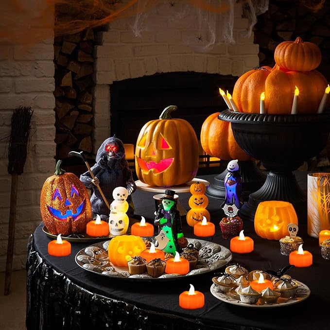 CESOF Pumpkin Tea Lights Decorations Fall Decor, 24 Pack LED Orange Pumpkin Lights Flameless Candles Battery Operated, Halloween Thanksgiving Flickering Tealight Candle for Home Table Indoor Party