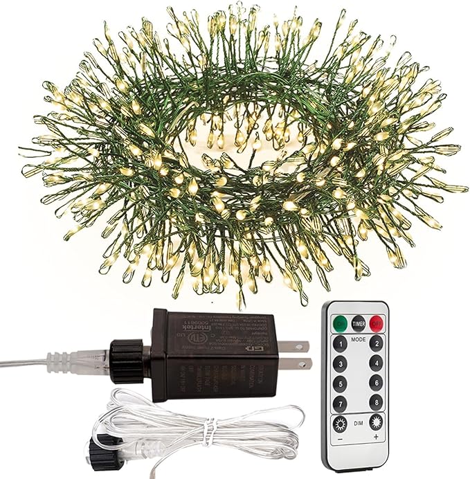 Firecracker Fairy Lights,33FT 300Leds Waterproof Twinkle Lights Plug in,8 Modes Remote String Light for Indoor Outdoor Christmas Wedding Birthday Patio Garden Decor,Green Wire,Warm White