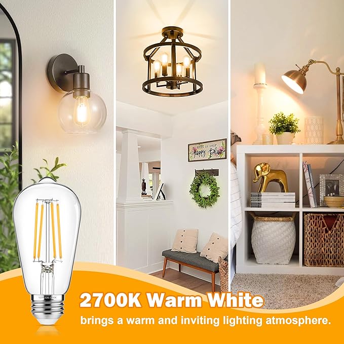 Vintage Edison Bulbs 60W Equivalent 850LM, 6W LED Light Bulb Warm White 2700K, ST58 Filament Lighting E26 Base, Non-Dimmable, Pack of 6