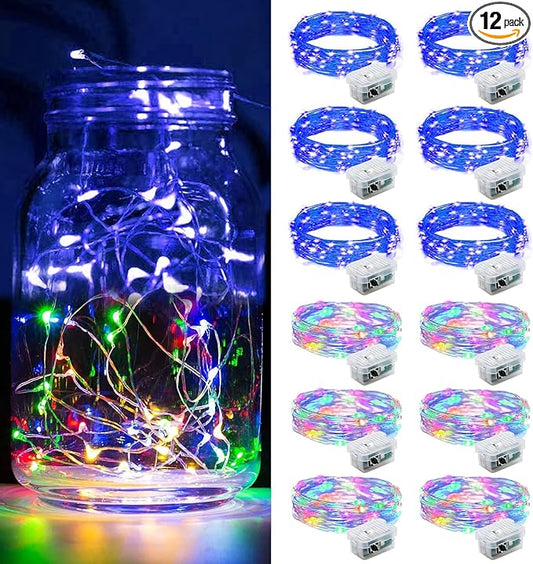 12 Pack Fairy Lights 7Ft 20 LED Twinkle String Lights 3 Modes Battery Operated Waterproof Firefly Starry for Mason Jar Party Wedding Christmas Valentines Day Table Centerpieces,Rainbow + Blue