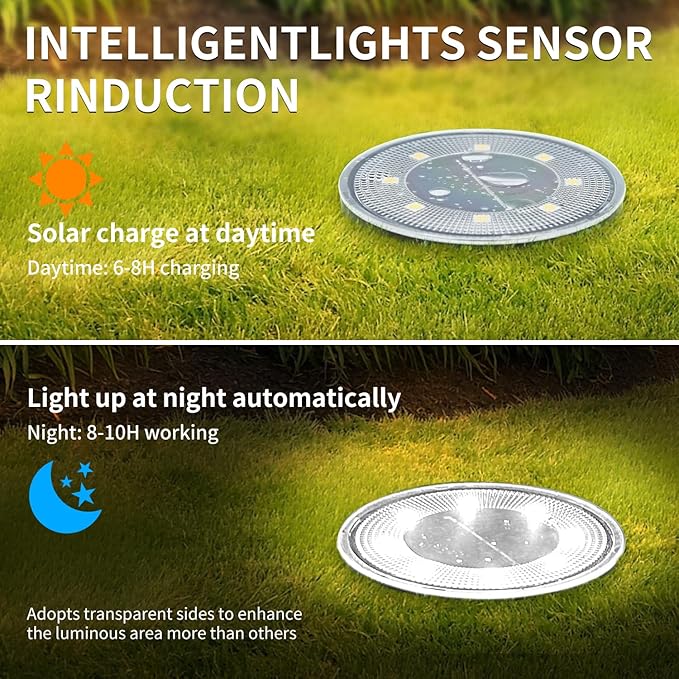 Ground Lights 12 Pack, IP68 Waterproof Solar Disc Lights for Outdoor, Flat Garden Light, In-Ground Light, Landscape Lighting for Pathway, Walkway, and Yard-12 Pcs (Cold White)