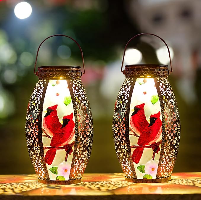 Larger Hanging Cardinal Solar Lantern 2 Pack Waterproof, Solar Lantern Decorative Cardinals Solars Lights for Outside Yard Table Patio Garden Pathway Lawn Cardinal Gifts