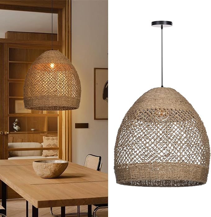 Arturesthome Large 23.6in Rustic Rattan Pendant Light,Basket Hanging Light Ceiling Lamp for Dining Room, Farmhouse Wicker Chandelier for Living Room Foyer Bedroom Hallway
