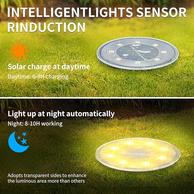 Ground Lights 8 Pack, IP68 Waterproof Solar Disc Lights for Outdoor, Flat Garden Light, In-Ground Light, Landscape Lighting for Pathway, Walkway, and Yard-8 Pcs (Warm White)