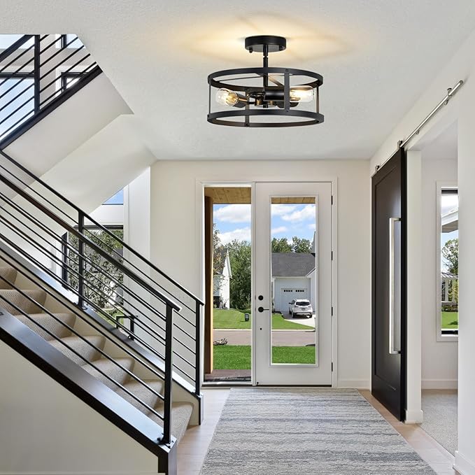 Farmhouse Semi Flush Mount Ceiling Light, 3-Light Black Metal Cage Rustic Chandelier, Industrial Pendant Lighting for Hallway, Bedroom, Kitchen, Foyer, Living Room, Dining Room, Entryway