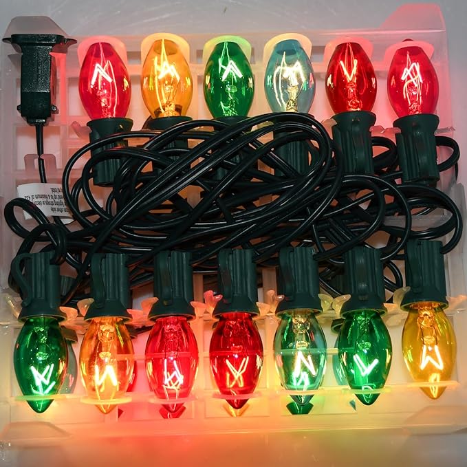 25 Pack C7 Christmas Lights Replacement Bulbs,Clear Multicolor Glass Incandescent Light Bulbs,C7/E12 Candelabra Base 5 Watt for Indoor Outdoor String Light,Tree, Christmas Lights