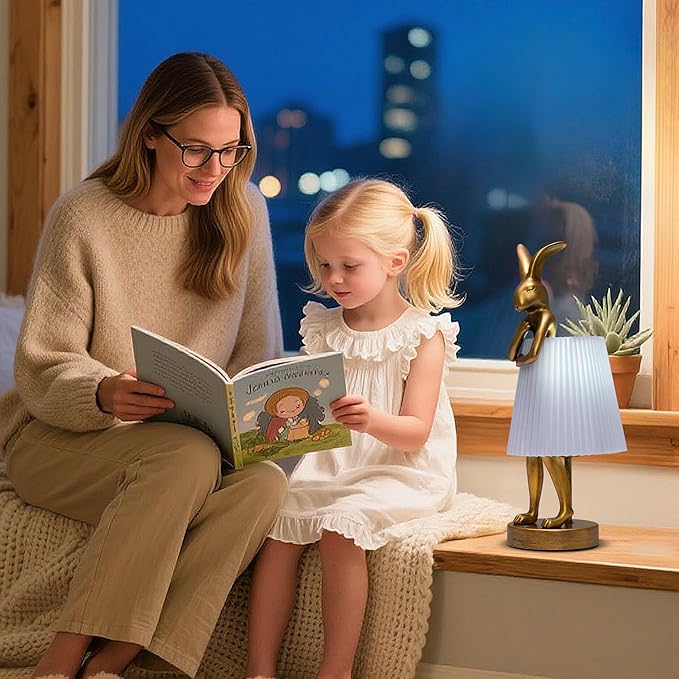 YHT Bunny Table Lamp, Cute Animal Rabbit Lamp,Bunny Lamp,15.7" Vintage LED Desk Light with Linen Lampshade, for Bedroom, Study Room, Office, Nursery, Home Decor (Light Gray)