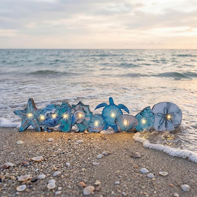 Yousoontic Summer Ocean Animals Table Centerpieces with LED Lights, 3D Wooden Coastal Decor Block, Nautical Under The Sea Sign Decor for Home Mantel Desk, Beach Themed Summer Holiday Party Decorations