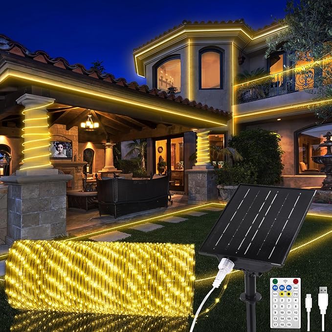 OMIKA 100ft 1200 LEDs Solar Rope Lights, USB Charging, 20 Lighting Modes, Dimmable Timer Remote Control, IP68 Waterproof for Outdoor Trees, Parties, Gardens, Weddings, Christmas Decorations