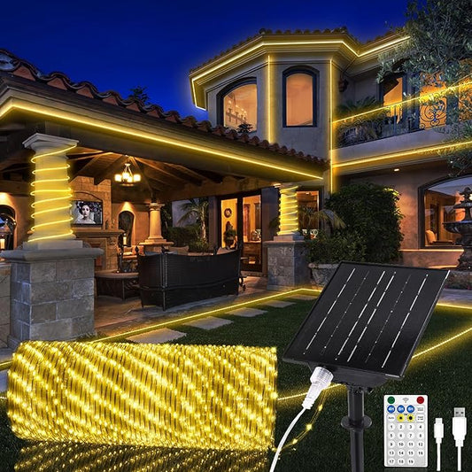 OMIKA 100ft 1200 LEDs Solar Rope Lights, USB Charging, 20 Lighting Modes, Dimmable Timer Remote Control, IP68 Waterproof for Outdoor Trees, Parties, Gardens, Weddings, Christmas Decorations