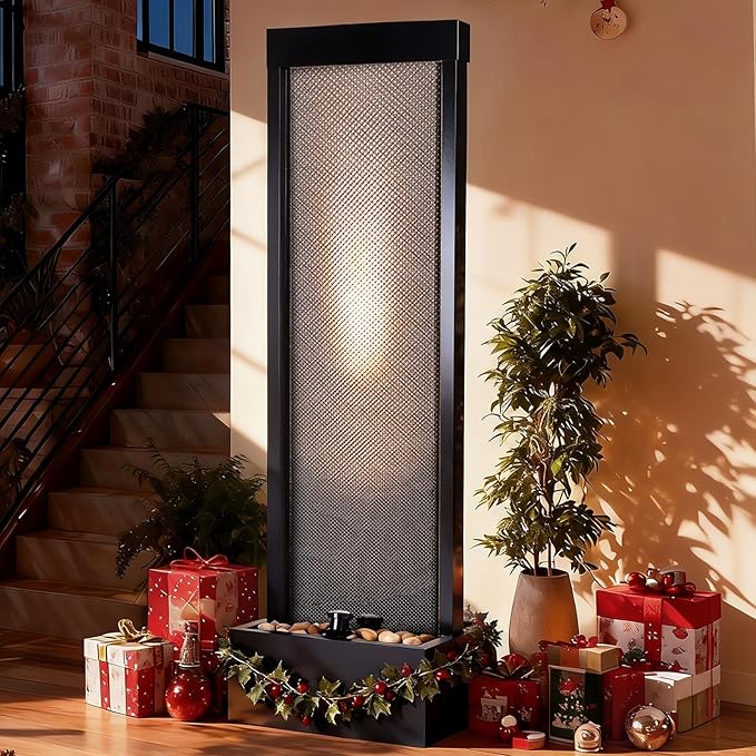 Mesh Panel Waterfall Fountain, Large Indoor Water Feature with Stones & Light, 64" Floor Standing Water Wall for Home Decor, Living Room, Patio, Outdoor Garden