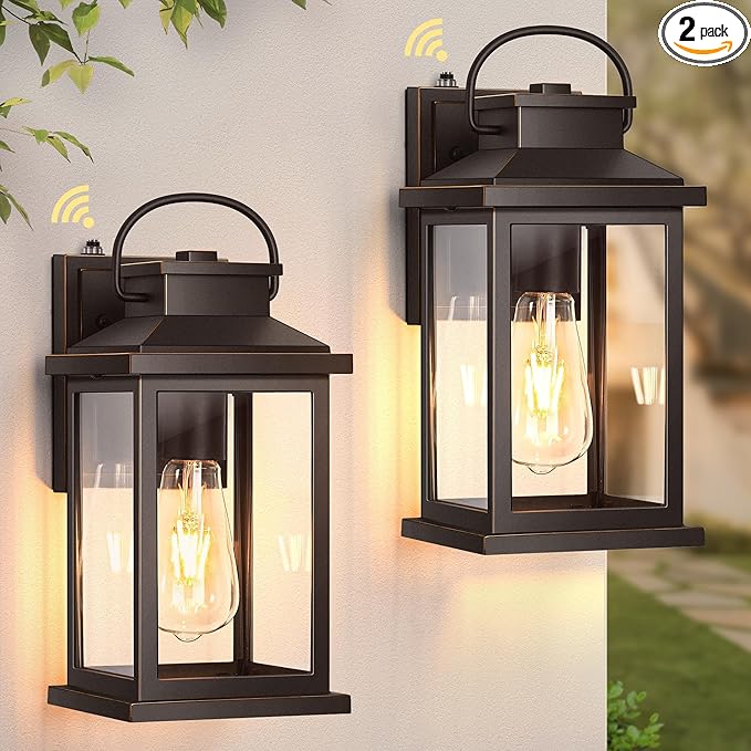 VIANIS Outdoor Porch Lights for House, Farmhouse Oil Rubbed Bronze Gold Trim Exterior Light Fixtures Wall Mount Sconce, Anti-Rust Dusk to Dawn Outdoor Lighting Lantern for Garage, Front Patio, 2-Pack