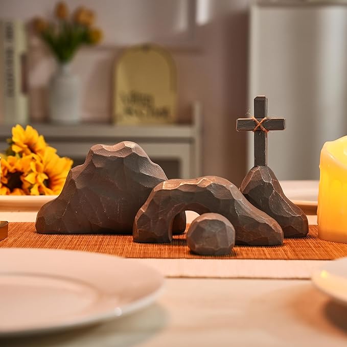 Empty Tomb Easter Decor with Cross, Easter Empty Tomb Resurrection Scene for Christian Decoration, Realistic Rock Resin Sculpture for Religious Display, Home Office Tabletop Tray, Church, Shelf Decor