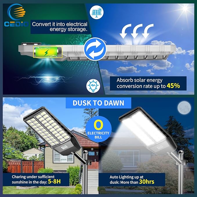 CEDIO Outdoor Solar Street Lights, Solar Lights IP66 Waterproof LED Street Light Dusk to Dawn, Flood Light with Motion Sensor for Yard (9800W-2PACK)