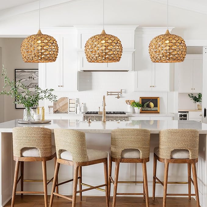 Boho Pendant Lights, 15.7" 1-Light Rattan Chandelier Hand-Woven Wicker Pendant Light with Water Hyacinth Shade, Coastal Dome Hanging Light for Dining Room Kitchen Island