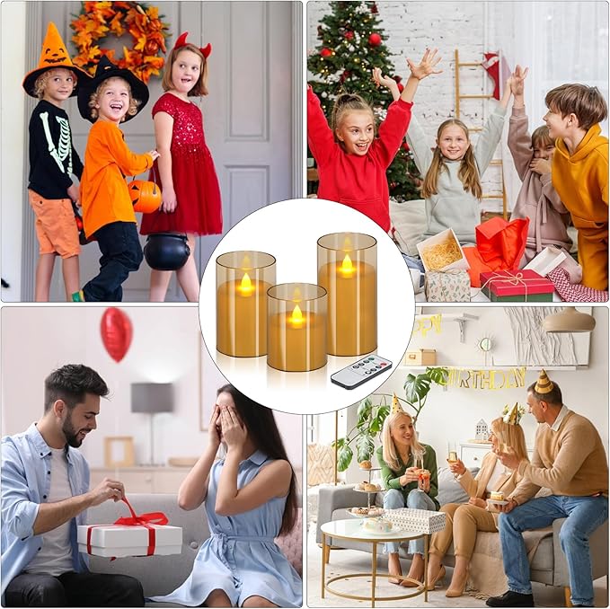 Flameless Candles 4" 5" 6" Set of 12 Acrylic Glass Pillars 3" Diameter Battery Operated Flickering Candles Include 8-Key Remote with Timer Function 400+ Hours (Amber, 12 Pack)