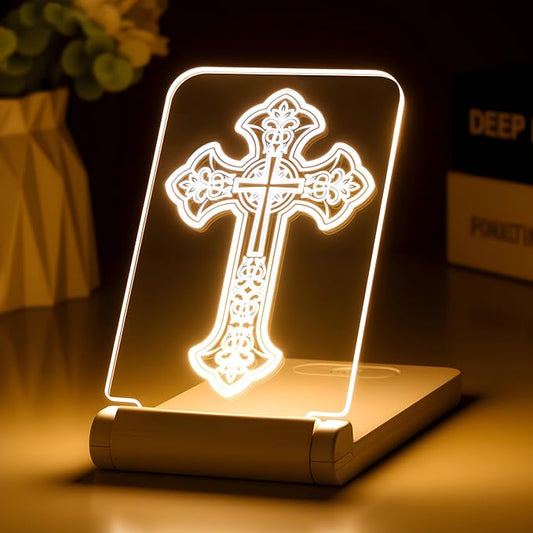 Latin Cross Night Light Christian Christmas Gifts for Women Mom - 3D LED Acrylic Lamp for Bedroom, Religious Catholic Prayer Decor, Baptism First Communion Confirmation Sympathy Gift for Girls Boys