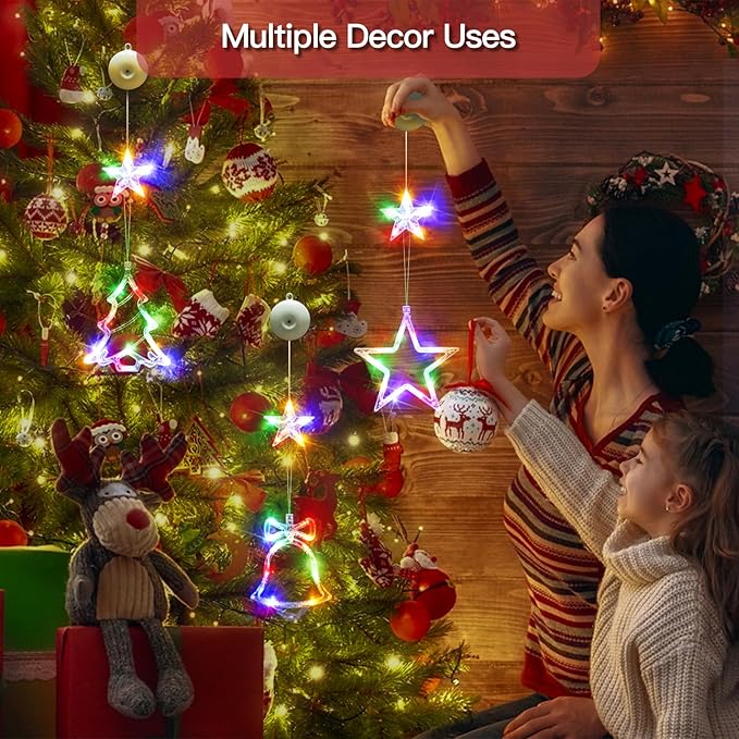 suddus 3Pcs Christmas Window Lights with Timer, Battery Operated LED Xmas Decorations with Suction Cup Hooks, Star, Bell & Tree Shaped Indoor Hanging Lights for Window Wall Holiday Party (Multicolor)