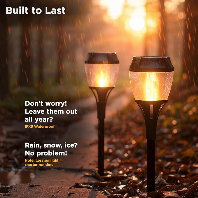 FoxFlame Solar Path Lights Outdoor Waterproof-Realistic Flickering LED Flame,IP65 Pathway Lights Solar Powered Warm Light for Garden and Walkways,Ground Stake Included for Easy Setup(1 Pack)