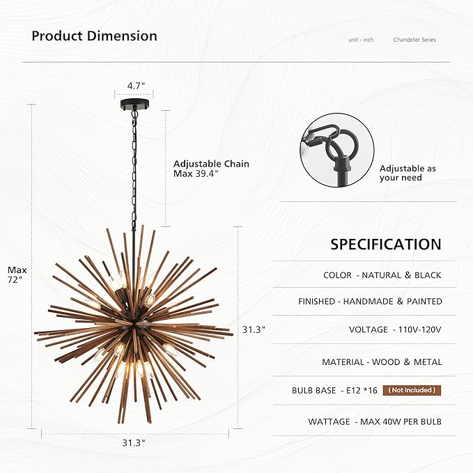 31.3" Farmhouse Sputnik Chandelier for Dining Room Rustic Handmade Natural Wood 16-Light Hanging Ceiling Pendant Light Fixture Starburst Wood Chandeliers for Kitchen Bedroom Foyer Hallway