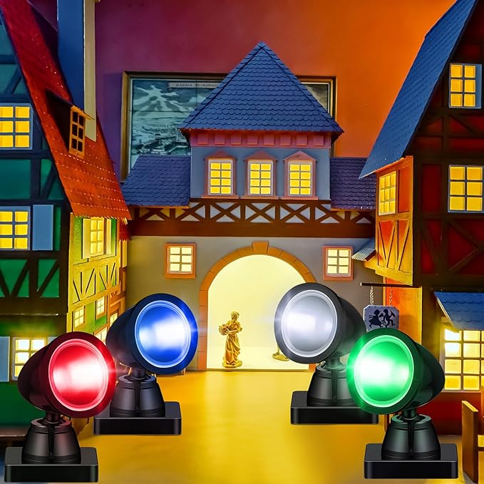 Kingdder 4 in 1 Accessories for Villages Building Light Christmas Village Collection Round Spotlights Battery Operated LED Light with Switch for Christmas Landscape(Multicolored,8 Pcs)