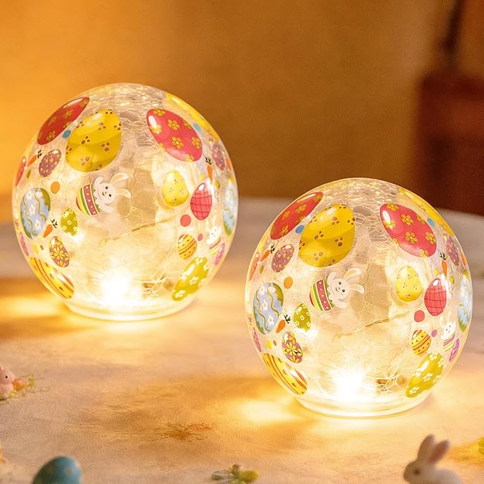 2PCS Easter Glass Ball Lights, 3.93'' Easter Egg Bunny Crackle LED Lights Decorations, Lighted Glass Ball Tabletop Sphere Lamp Decorative Battery Operated for Holiday Indoor Party Table Decor