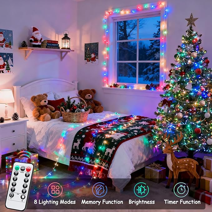 JMEXSUSS Multicolor Christmas Lights Battery Operated with 8 Modes Remote Waterproof, 33ft 100 LED Battery Christmas Lights Indoor Outdoor for Tree Home Party Room Garden Decor (Pack of 2)