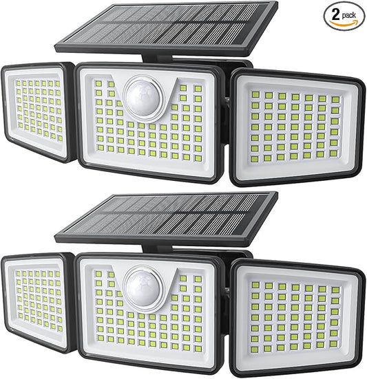 2500LM Solar Lights Outdoor with Motion Sensor,3 Head 270° Wide Angle Street Area Lights, IP65 Waterproof Security Lighting with 3 Modes(Non-Remote,2 Pcs)