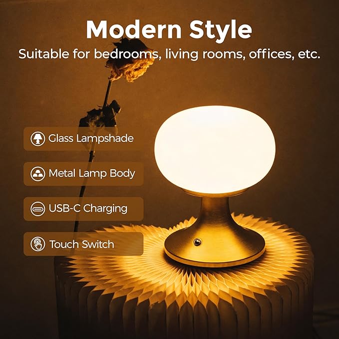 Cordless Table Lamp, LED Mushroom Lamp with Glass Shade & Stepless Dimming, Touch Control Nightstand Lamp for Bedroom,Living Room,Dining Table