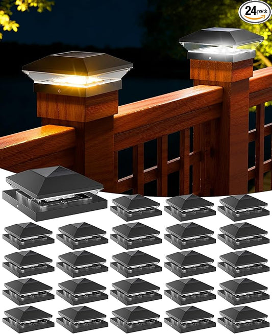 T-SUN Solar Post Cap Lights Outdoor 24 Pack, 2 Modes LED Fence Post Solar Lights Fit for 4x4 5x5 6x6 Vinyl/Wooden Posts, Waterproof Deck Post Lights Solar Powered for Garden Patio Gate Porch