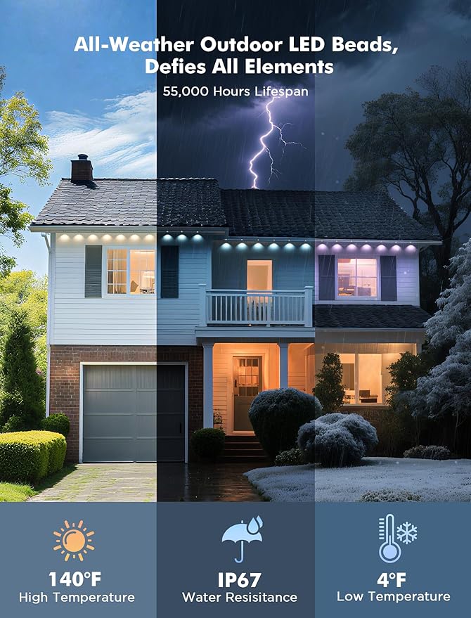FNY Permanent Outdoor Lights 150ft Smart RGB with 90 LED, IP67 Waterproof for Outdoor Decor, App/Remote Control Eaves Lights Compatible with Alexa, Google Assistant, DIY Scene Modes for Christmas