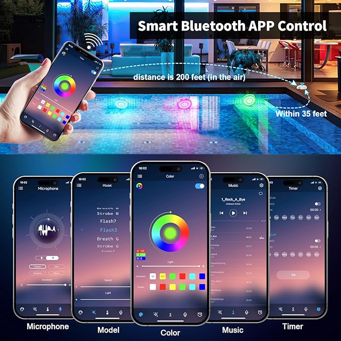 Homly Rechargeable Submersible Pool Lights with Wireless APP Control, Waterproof Underwater Smart LED Lights Controlled Multiple Lighting Modes, 4000mAh Magnets Lights for Multi Scene Pool Decoration