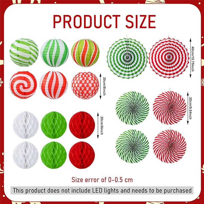 Retisee 18 Pcs Christmas Hanging Paper Lanterns Party Decorations Candy Canes Peppermint Paper Fans Xmas Hanging Honeycomb Ball Lanterns Ornaments for Christmas Winter Party Holiday Ceilings Decor