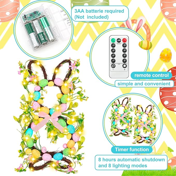 Hotop 2 Pcs Easter Bunny Spring Wreath with 20 LED Lights 23.6'' Easter Rabbit Door Wreath with Bow Eggs Hanging Bunny Wreaths for Front Door Easter Door Hanger for Spring Outdoor Wall Home Decoration