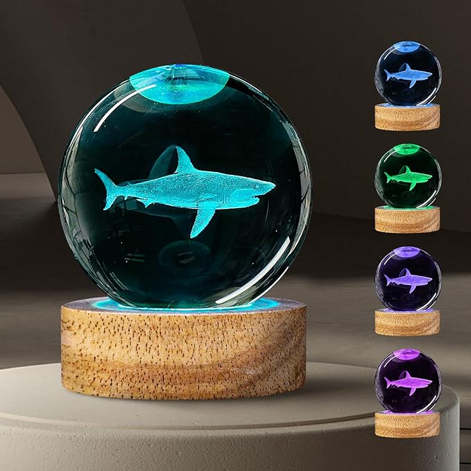 3D Shark Crystal Ball Night Light with 16 Color, Cool 60mm Shark Sea Animal Glass Figurines Lamp with Remote Shark Toy Room Table Decor Birthday Christmas Gifts for Boys Girls Kids