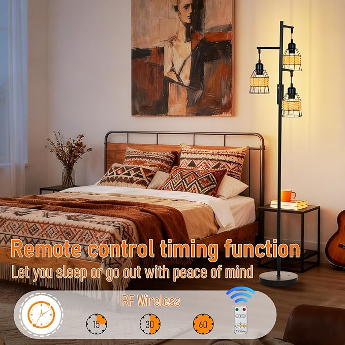 Rattan Boho Rechargeable Cordless Floor Lamp with Remote Dimmable 3 Bulb Edison E26 Brown Warm Light Vintage Standing Lamp for Bedroom,Outdoor,Living Room Rustic,Patio,Farmhouse,60.6" Black