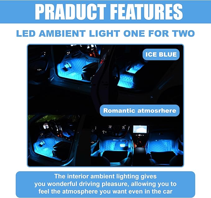 Car LED Strip Light, 24 LED RGB Neon Auto Interior Atmosphere Lights, 12V Cigarette Lighter Under Dash Ambient Night Light, Decorative Lamp Accessory for Car Truck (Ice Blue, Cigar Lighter)