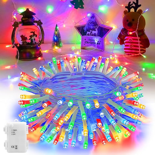 Christmas Lights Battery Operated Outdoor Waterproof, Multicolor Christmas Lights with Timer White Wire 16.4ft 50LED Christmas Decorations Garland Party Garden