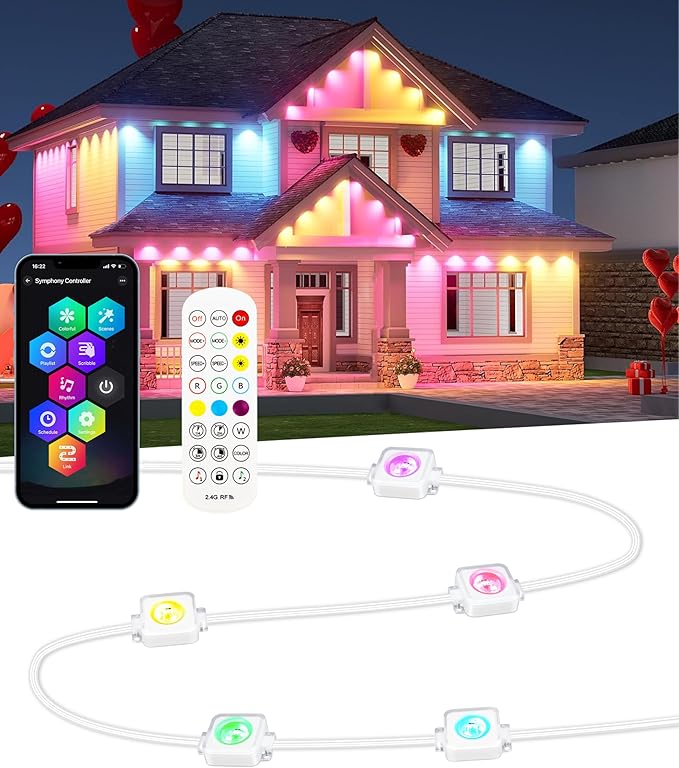 50FT Permanent Outdoor Lights, 108 Scene Modes Smart RGBW+IC Outdoor Christmas Lights with Remote APP Control, IP67 Waterproof LED Eaves Lighting for Halloween Party, Daily, Garden Decor