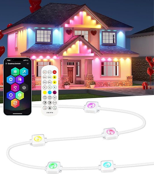 Permanent Outdoor Lights for House, 100ft 60LED Smart RGBW+IC Outdoor Christmas Lights with APP/Remote Control, DIY Scene, IP67 Waterproof Under Eaves Lighting for Holiday & Daily Decor