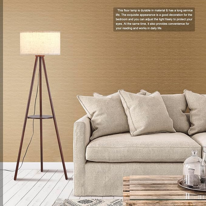 BTP Wood Tripod Floor Lamp for Living Room, 3 Color Temparature LED Bulb Included, Mid Century Modern Wooden Shelf Floor lamp with Linen Shade for Bedroom, Office, Walnut Wood Color