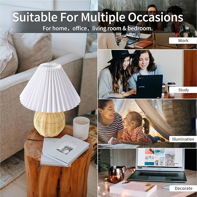 Korean Pleated Table Lamp Ins DIY Ceramic Table Lamps for Living Room Home Deco Cute Lamp with Tricolor Led Bulb Beside Lamp… Rattan and White