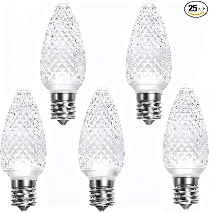 echosari 25 Pack C9 LED Replacement Christmas Light Bulbs, 0.8W UL Listed Commercial Grade Holiday Bulbs, C9/E17 Candelabra Base Sockets (Cool White)
