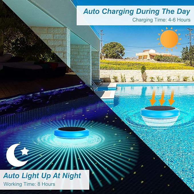 2Pcs Solar Floating Pool Lights, RGB Color Changing Pool Floating Light, IP65 Waterproof Rechargeable LED Lights for Pools, Hot Tubs, Fountain
