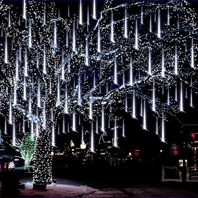 Aukora Christmas Lights Outdoor Meteor Shower Falling Rain Lights 12 inch 8 Tubes 192LED Snowfall Cascading Icicle String Light for Xmas Tree Decor Wedding Party Holiday Window Garden, UL Plug, White