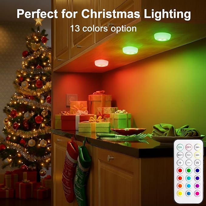 BLS LED Puck Lights with Remote Control, Wireless Under Cabinet & Closet Lighting, RGB 13 Color Changing Lights with Dimmer, Timer & AA Battery Operated, Push, Touch, Stick on for Night, White, 2 Pack