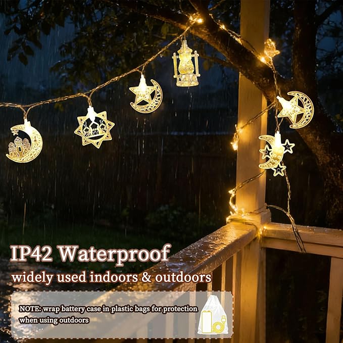 Moon Star String Lights 10FT 20 LED Star Fairy Lights Ramadan Lights with Battery & USB Powered 2 Lighting Modes Waterproof Eid Mubarak lights for Ramadan Decorations Christmas New Year Wedding Party