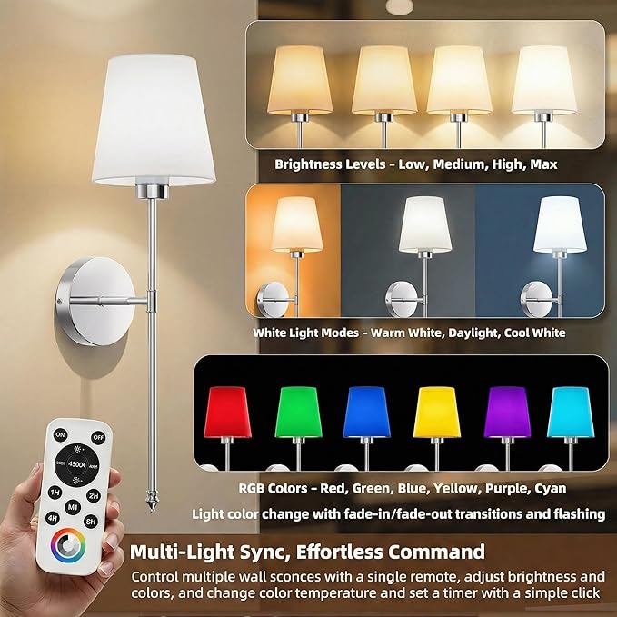Wall Sconces Battery Operated Set of 2, Rechargeable Wall Sconce, 10 Colors Wireless Wall Sconces Set of Two, 5200mAh Dimmable Bulbs and Remote for Bedroom Living Room Hallway (24 inch-Brushed Nickel)