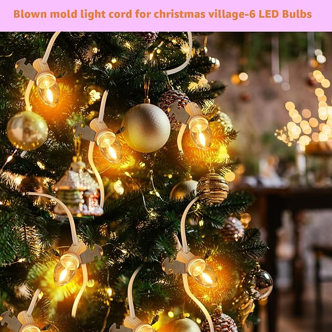 Christmas Village Lights-C7 Blow Molded Light Cord wth 6 LED Bulbs Length 12 Feet.Suitable for Christmas House, Halloween Pumpkin, Salt Lamps，Holiday Lighting Etc（2Pcs）